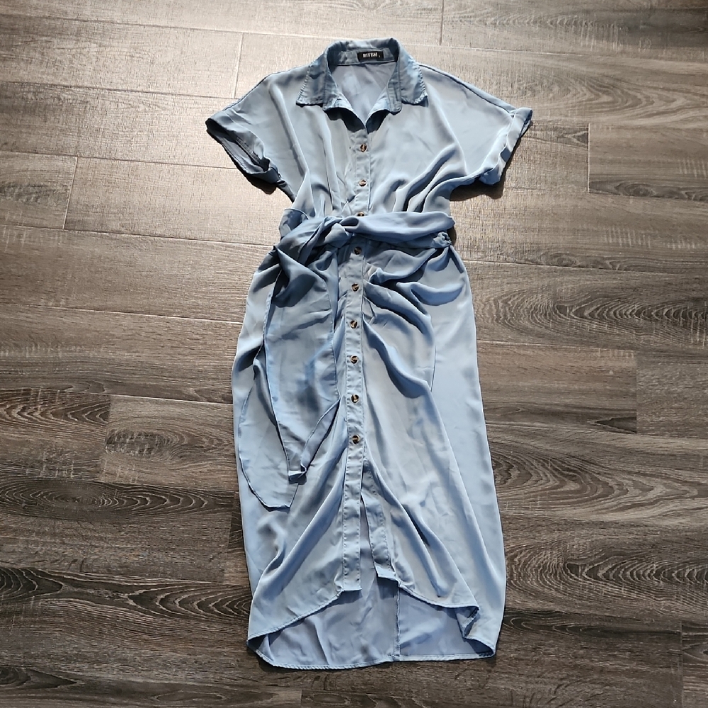 Light Blue Midi Shirt Dress with Tie Waist